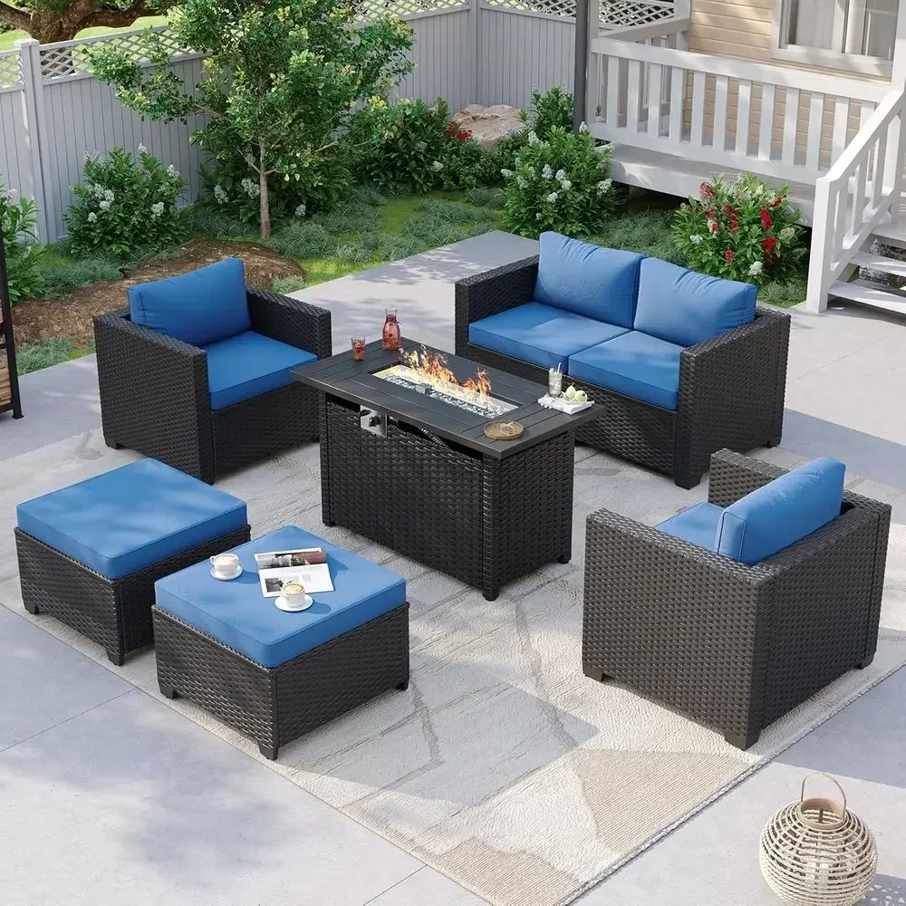 Outdoor Furniture With Fire Pit Table - 6-persoons tuinmeubelset met vuurtafel en rieten