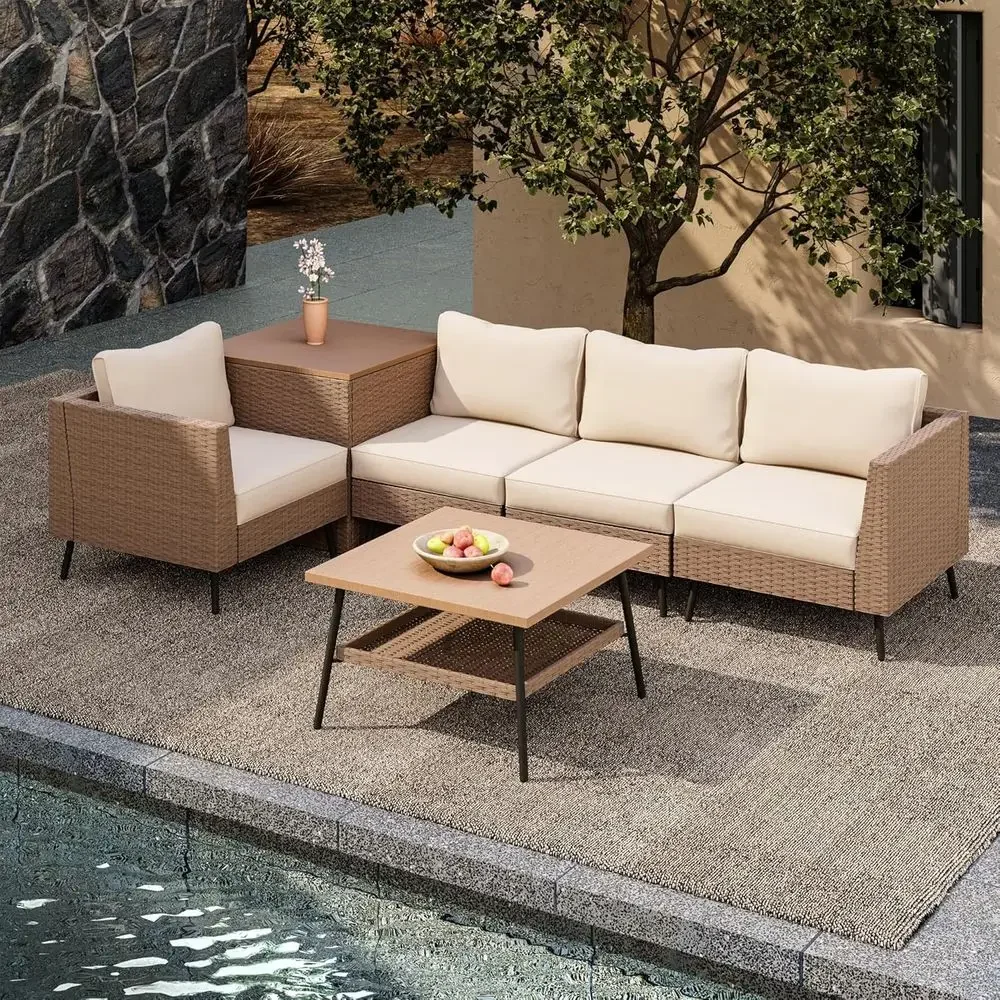 Outdoor Furniture With Storage For Cushions - 6-delige tuinmeubelset, rotan sectionele set met