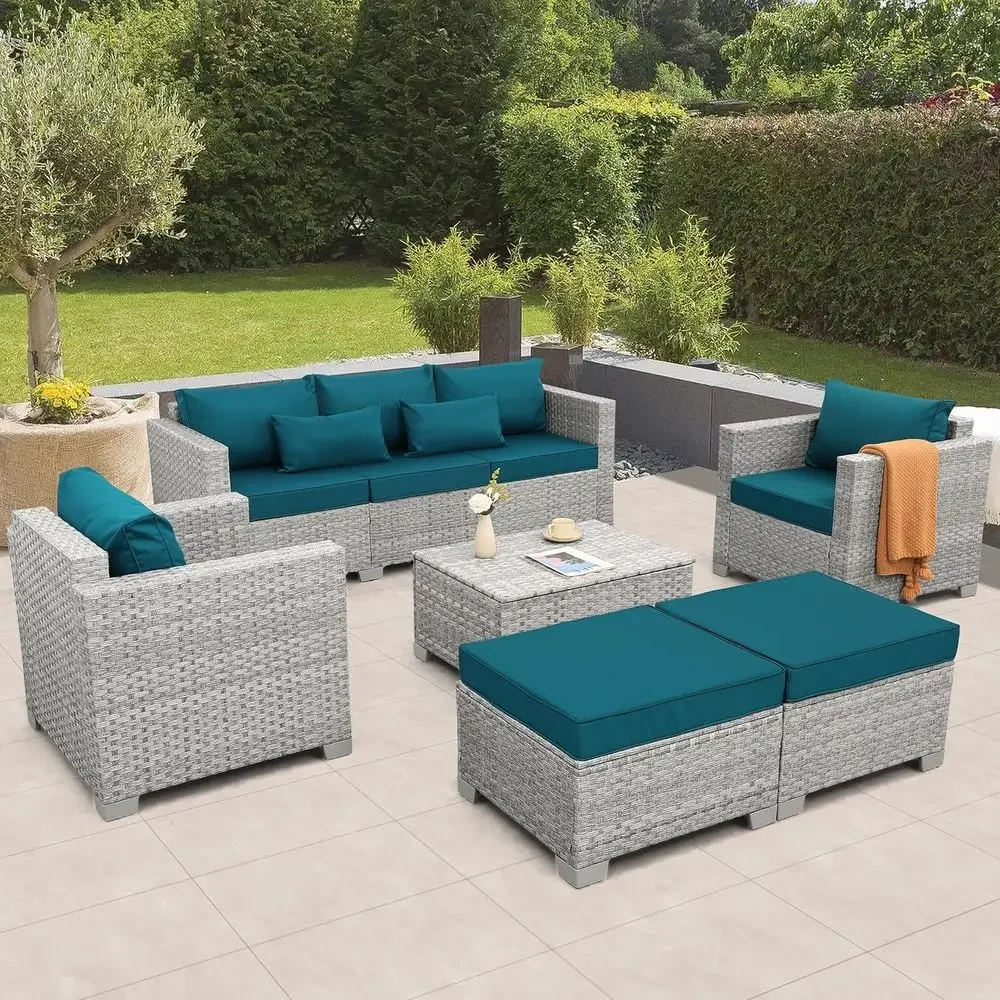 Outdoor Furniture With Storage For Cushions - 6-delige grijze rieten tuinmeubelset met pauwblauwe