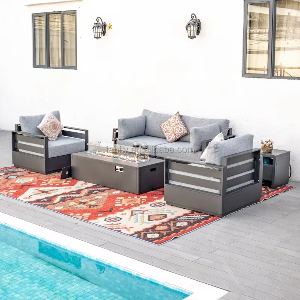 Outdoor Furniture With Fire Pit Table - Villa Hotel Buitenmeubelenset Moderne Aluminium Tuinmeubelen