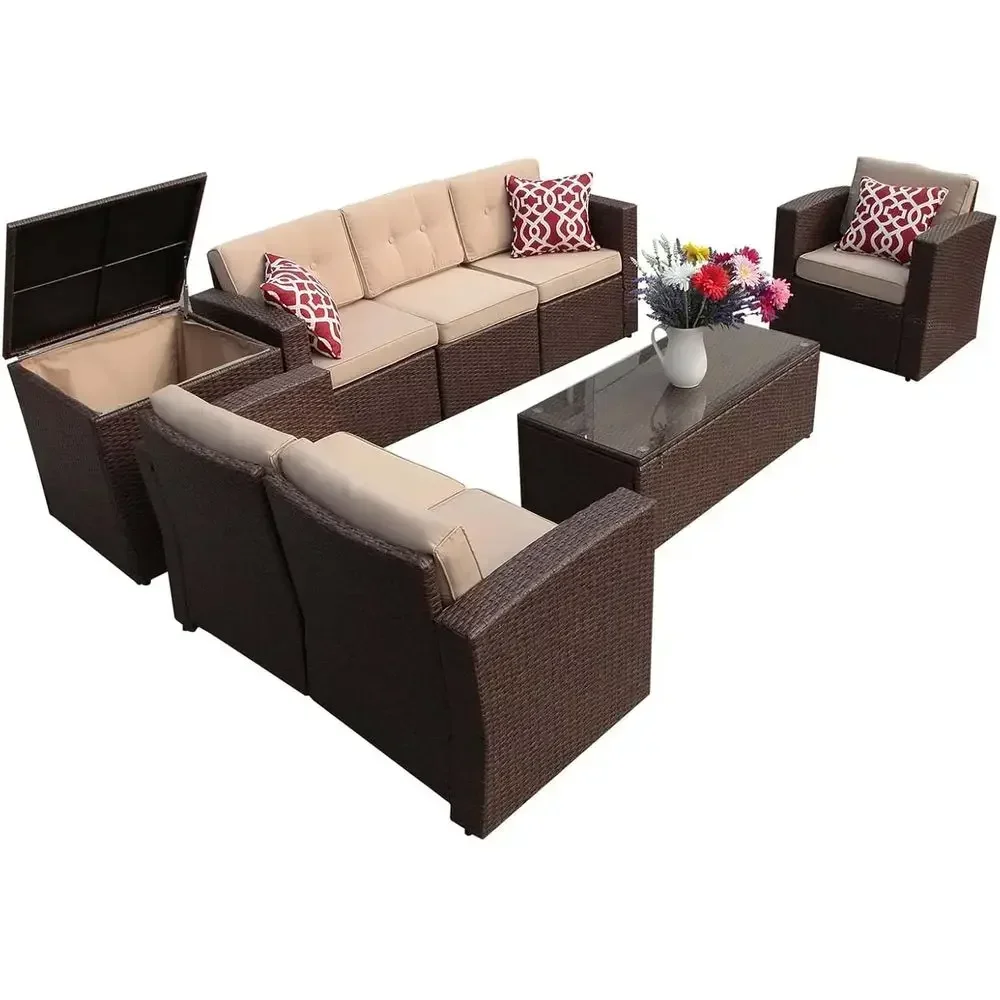 Outdoor Furniture With Storage For Cushions - 8-delige buitenmeubelset van wicker met opbergruimte