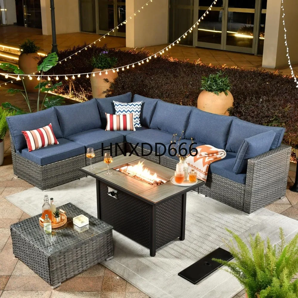 Outdoor Furniture With Fire Pit Table - 8-delige tuinmeubelset voor buiten met vuurtafel,