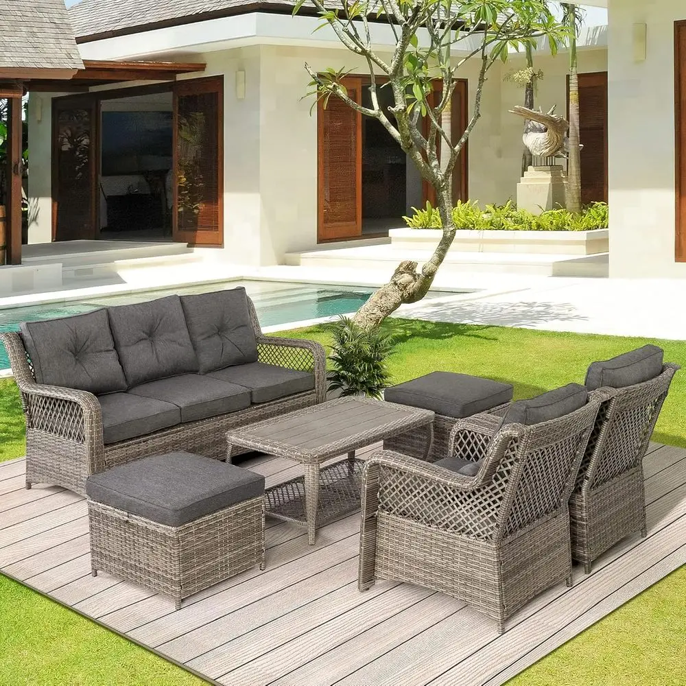 Outdoor Furniture Lounge Set - 6-delige grijze wicker tuinmeubelset met hoekbank,